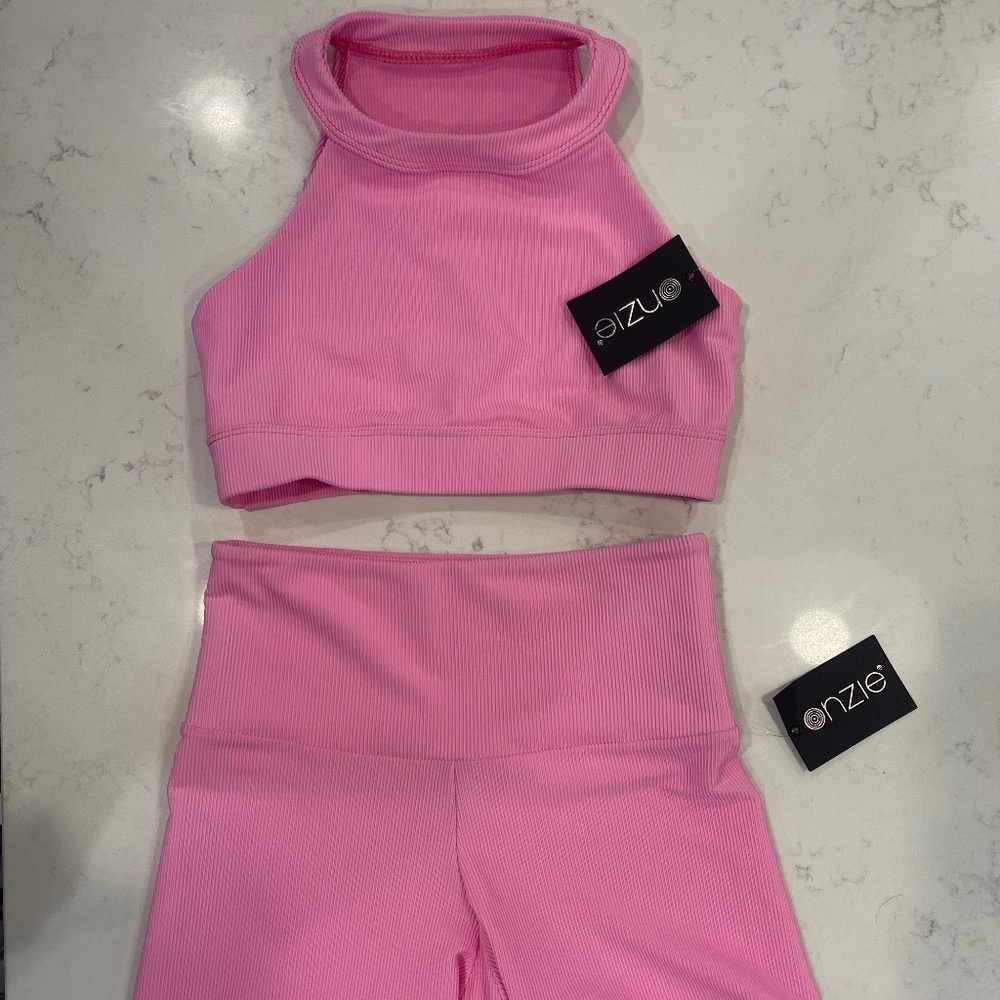 ONZIE Pink Ribbed Sports Bra & Biker Short Set NWT